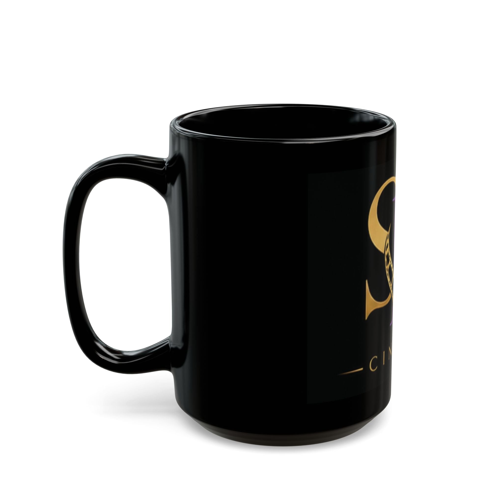 Cinema SL Logo Black Coffee Mug – Gold & Purple Film Reel Design (11oz, 15oz)