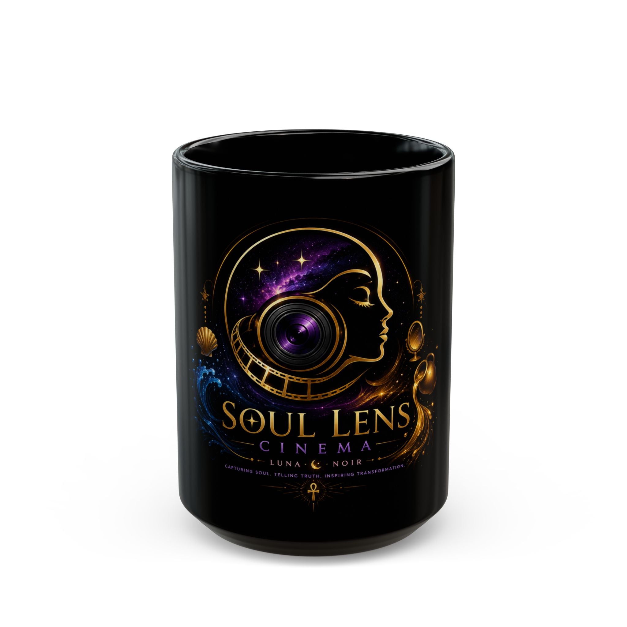 Soul Lens Cinema Black Mug – 'Soul Lens' Cosmic Camera Design (11oz & 15oz)