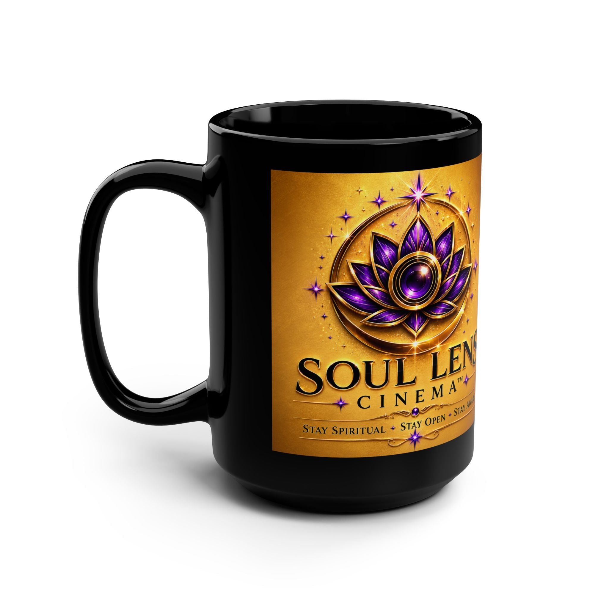 Soul Lens Cinema Black 15oz Mug — "I Choose to Serve" Mystic Lotus Coffee Cup