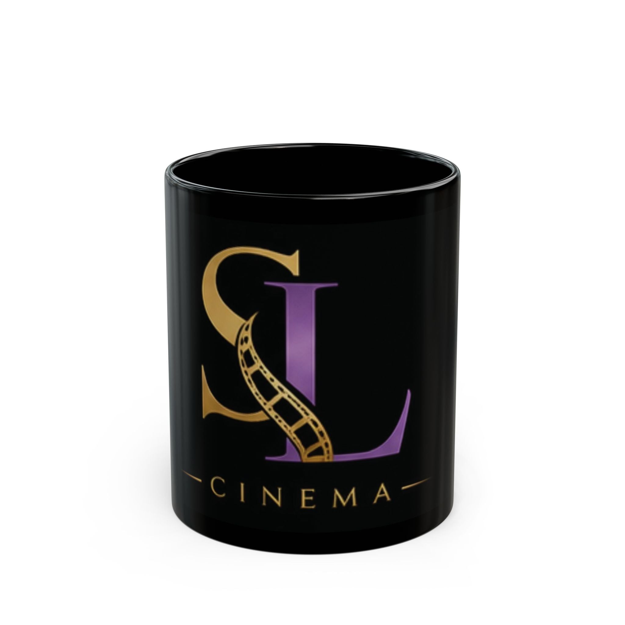 Cinema SL Logo Black Coffee Mug – Gold & Purple Film Reel Design (11oz, 15oz)