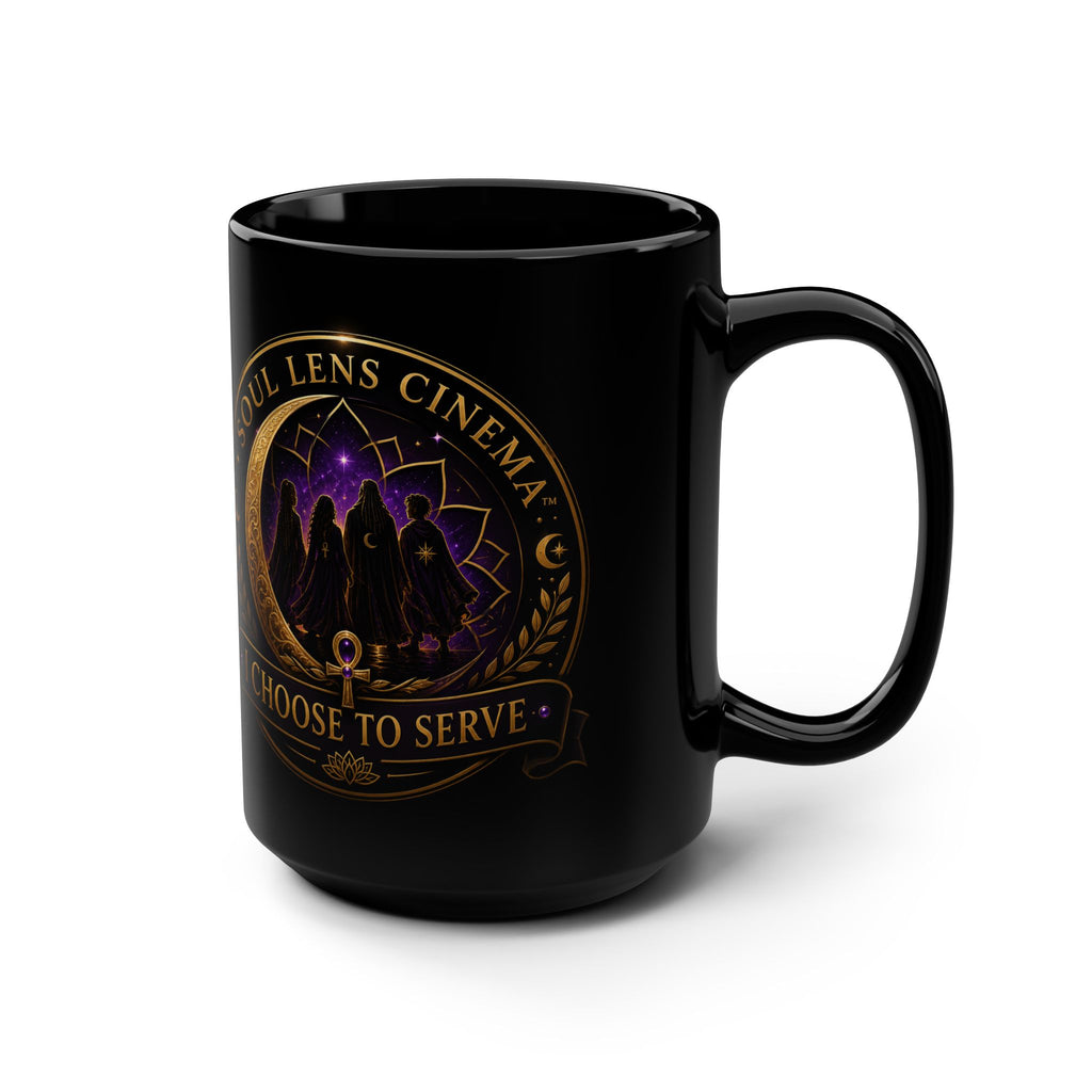 Soul Lens Cinema Black 15oz Mug — "I Choose to Serve" Mystic Lotus Coffee Cup