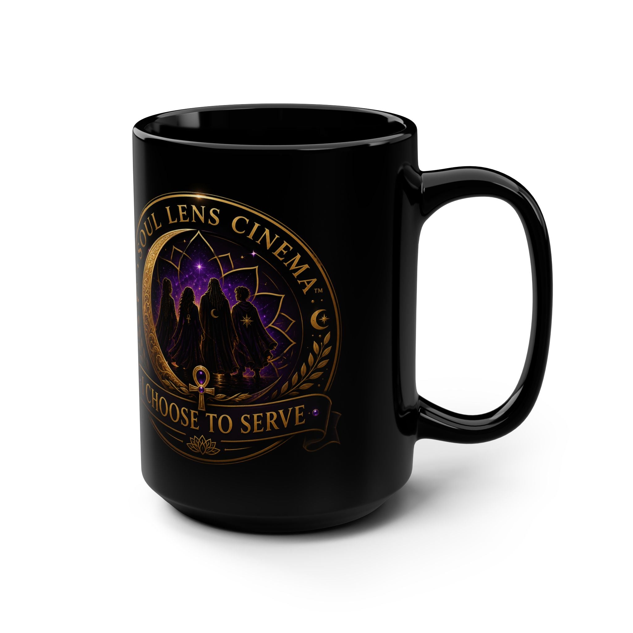 Soul Lens Cinema Black 15oz Mug — "I Choose to Serve" Mystic Lotus Coffee Cup