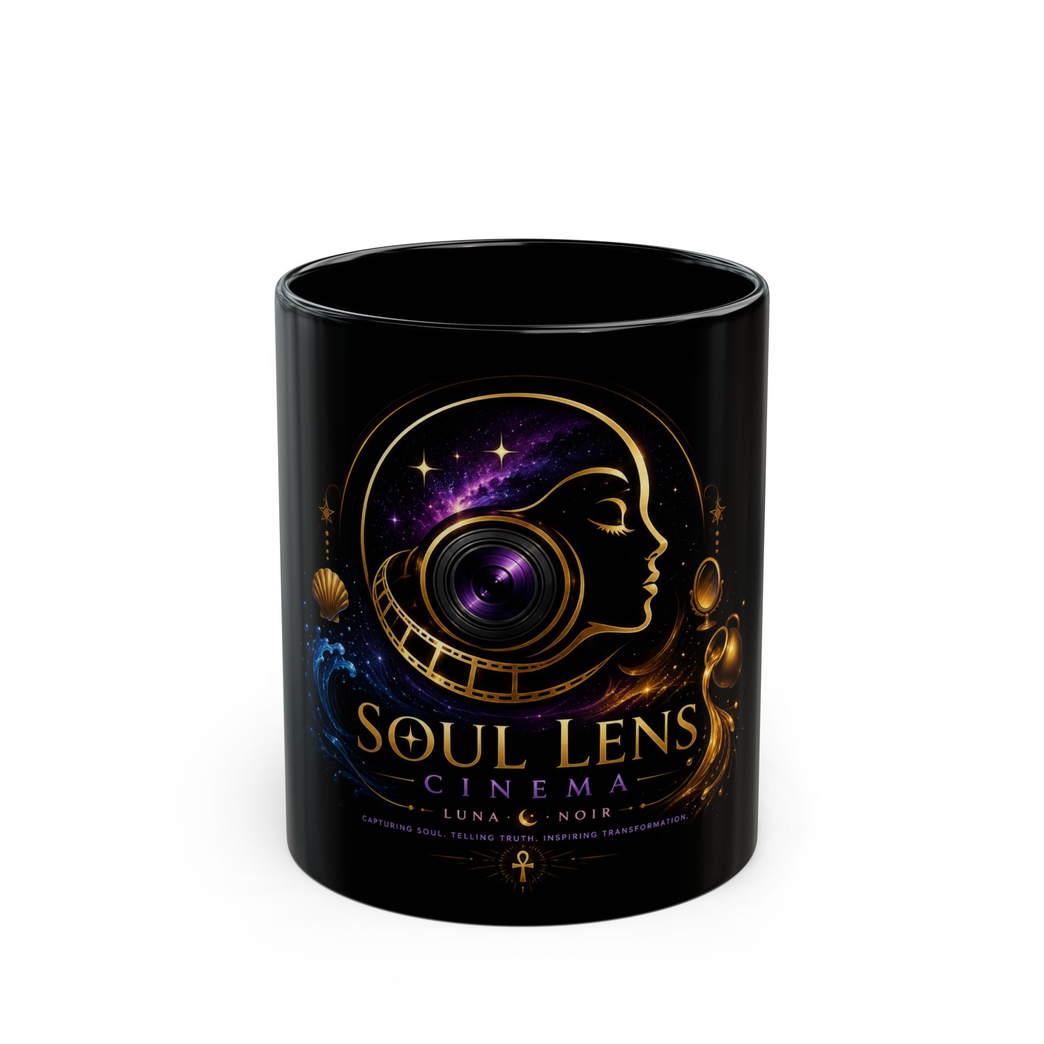 Soul Lens Cinema Black Mug – 'Soul Lens' Cosmic Camera Design (11oz & 15oz)